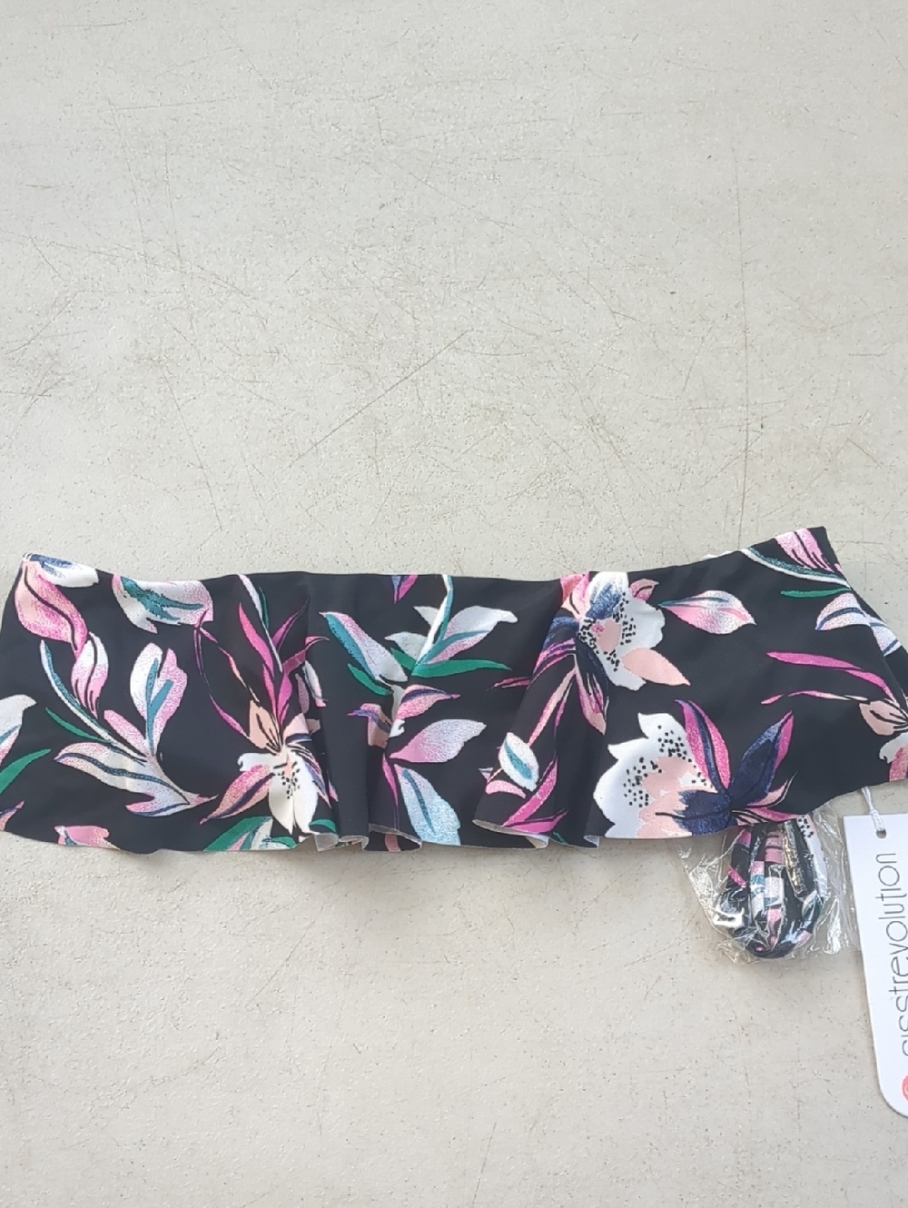 Floral Ruffle Bandeau Bikini Top - Black with Pink & Green Floral